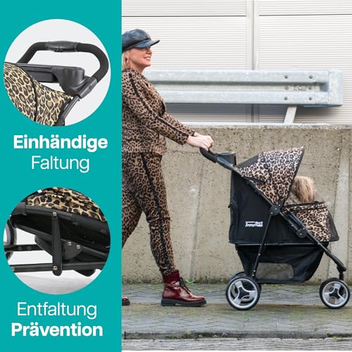 Hundebuggy Katzenbuggy für Reisen - Innopet Allure Cheetah – exklusiver Hundewagen mit Leopardenmuster, einhändig faltbar, mit Aufbewahrungskorb, 2 Sicherheitsleinen, pannensichere Räder – Hundewagen