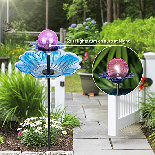 Mumtop Glass Bird Baths For Outdoors, Solar Outdoor Birdbaths With Crackle Glass Globe Lights Decorations For Garden Yard Outside, Blue #TOP3