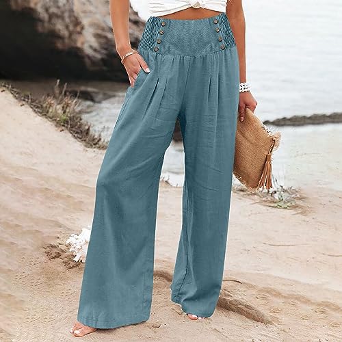 Linen Pants Women Summer High Waisted Cotton Linen Palazzo Pants Wide Leg Long Lounge Pants Work Trousers with Pocket3