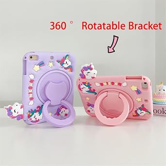 3D Cute Unicorn Case for Samsung Galaxy Tab A9 8.7 inch 2023/Tab A11 8.7 inch 2025,Kawaii Cartoon Animal Soft Silicone Rotating Stand Case with Lanyard for Kids Teens Girls Women-Purple