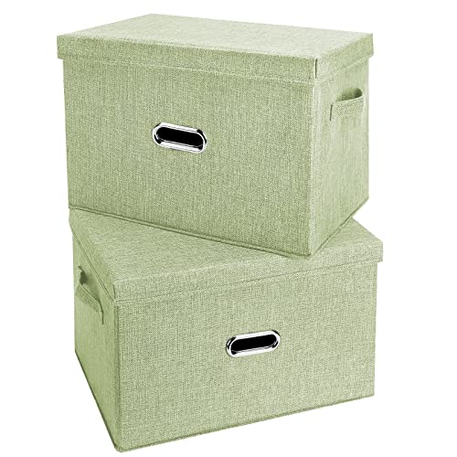 Image of Large Linen Fabric Foldable Storage Bins with Removable Lid and Handles, Washable Storage Box Organizer Containers Baskets Cube with Cover for Bedroom,Closet,Office (Green, Large(2-Pack))