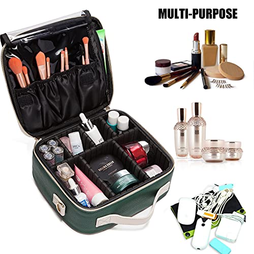 Lacattura Travel Makeup Bag, Leather Makeup Train Case Cosmetic Organizer For Makeup Brushes Toiletry Digital Accessories, Portable Artist Storage Bag With Shoulder Strap For Women Lady Green #TOP2