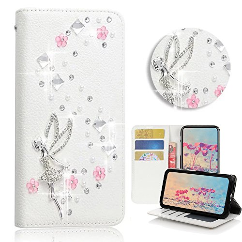 STENES Sparkle Wallet Phone Case Compatible with Google Pixel [Stylish] 3D Handmade Bling Girls Fairy Floral Crystal Diamond Design Girls Women Cover - White