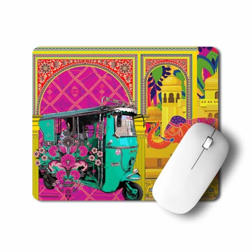 Image of Fatfatiya Beautiful Printed Turquoise Green Rickshaw Mouse Pad| Laptop, Computer Mouse Pad with Smooth Mouse Control | Non-Slip Rubber Base Mouse Pad for Gaming, Office, Home Laptop or Computer.