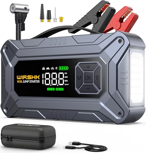 WIRSHK Booster Batterie Voiture 8000A avec Gonfleur Pneus 160PSI - Démarreur de Batterie - Compresseur Voiture - pour Moteurs Essence & Diesel jusqu'à 10L -...