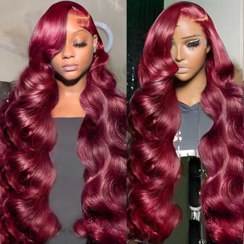 Image of 99j Burgundy Lace Front Wigs Human Hair 28 Inch Red Burgundy Wig Human Hair 13x4 HD Transparent Body Wave Lace Front Wigs Human Hair 180 Density Pre Plucked Glueless Frontal Wig for Women