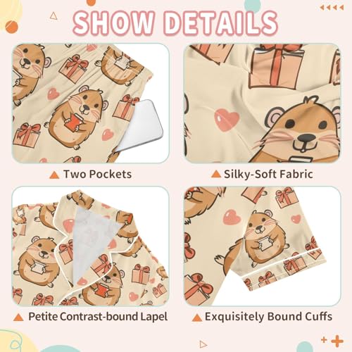 senya Capybara Animal Holding Gift Satin Summer Pajama Sets Silk Short Sleeve Button Down Sleepwear3