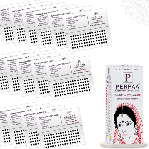 Image of PERPAA Kumkum Velvet Round Sticker Bindi Box of 15 Flaps for Ladies Women Forehead Bindi (Stick On) (Size 6, Diameter 5mm, Black)
