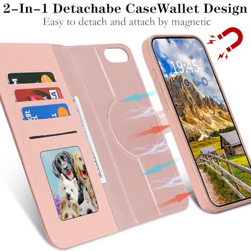 Image of Detachable Genuine Leather Case for iPhone SE 2020 / SE 2022 /7 /8 Wallet Case Magnetic 2in1 Removable Flip Cover Book Purse Compatible with Magsafe Charging Kickstand Card Holder-Pink