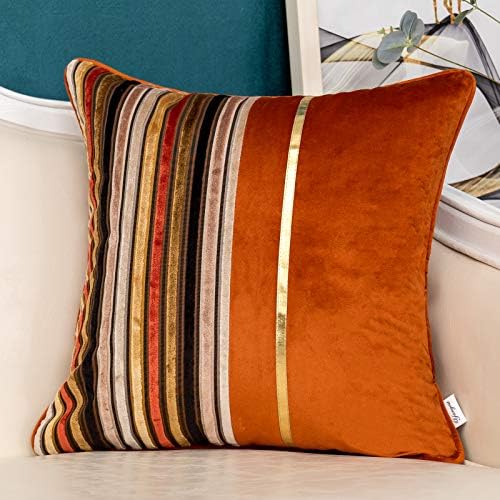 Yangest Burnt Orange Striped Patchwork Velvet Throw Pillow Cover Gold Leather Cushion Case Modern Zippered Pillowcase for Sofa Couch Bedroom Living Room Home Decoration,18x18 Inch
