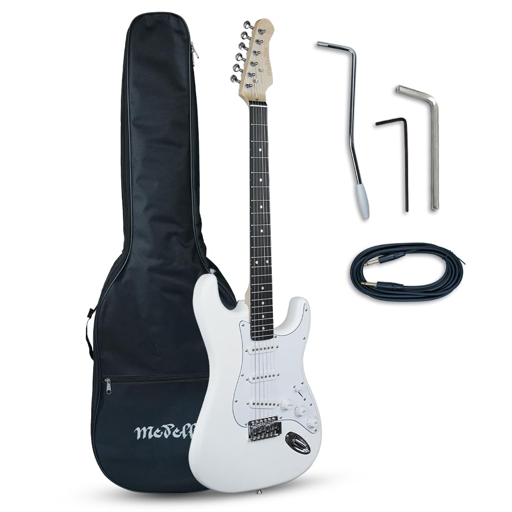 Medellin 38” Electric Guitar – Strat Style | S-S-S Pickup Configuration | 21 Frets | White Matte Finish | Maple Neck with Blackwood Fingerboard | Includes Gig Bag, Tremolo Arm, Cable & Allen Key-image-40
