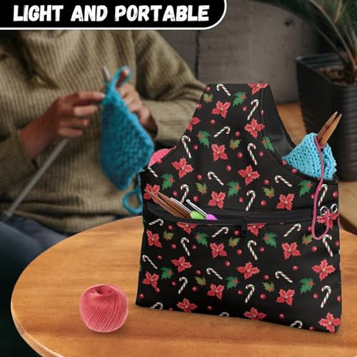 Image of KUIFORTI Christmas Yarn Bag for Crocheting, Xmas Poinsettia Flower Crochet Bag Organizer, Knitting Bag Crochet Bag Large Yarn Bags for Crocheting on The Go