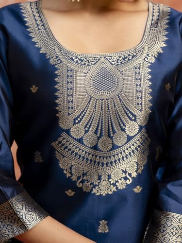 Image of VredeVogel Women's Cotton Silk Blend Zari Work Kurta Pant Set with Jacquard Silk Dupatta | Modern & Traditional Blend Ethnic Wear Set