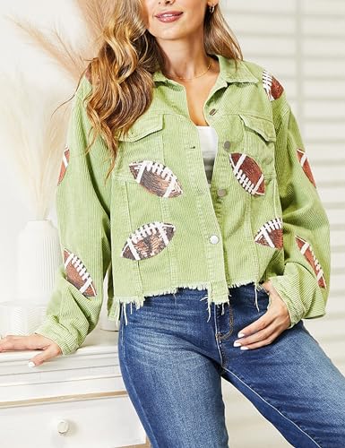 Womens Game Day Corduroy Football Jacket Rugby Sequin Patched Button Raw Hem Jacket Coat4