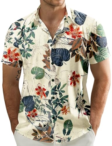 JOGAL Men's Flower Casual Button Down Short Sleeve Hawaiian Shirt X-Large White