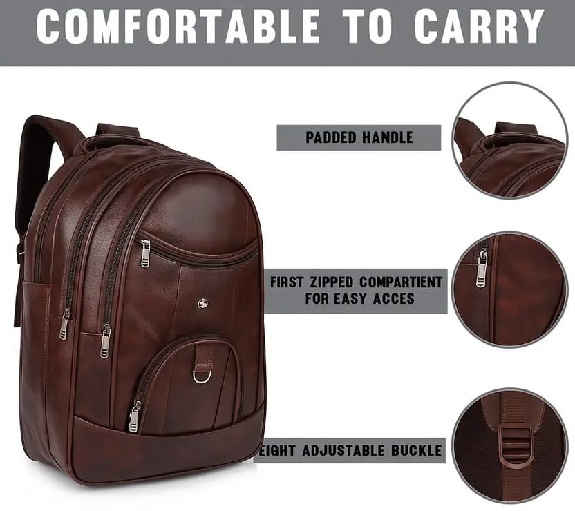 Image of Laptop Backpack for Men & Women | Black Faux Leather Office & Travel Bag 40L | Spacious Laptop Compartment | Front Organizer Pocket | College, Business & Daily Use