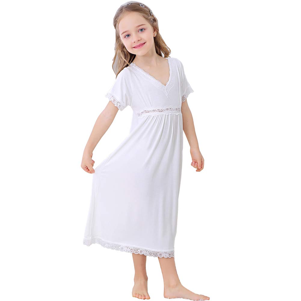 Flwydran Girls White Nightgown,Modal Cotton Sleepwear Solid Color Nightie Casual Princess Dresses For Kids 3-12 Years