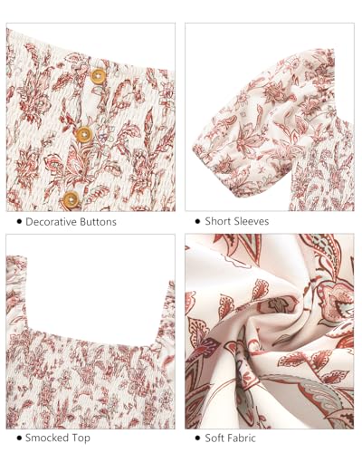 Image of Plus Size Summer Dresses - Boho Casual Wedding Guest Midi Flowy Short Sleeves Smocked Button Down Dress for Curvy Women