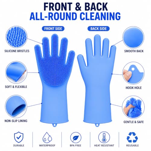 Image of Magic Silicone Dish Washing Gloves | Multicolour | Reusable Gloves with Built-In Scrubber | Kitchen Dishwashing, Bathroom Cleaning, Car Wash & Pet Grooming | 1 Pair