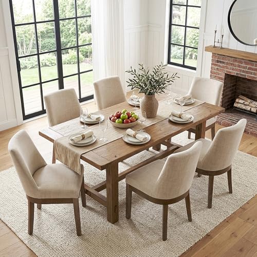 Image of HNY Modern Dining Chairs Set of 6 with Comfortable Back Support, Farmhouse Soft Linen Upholstered Kitchen Dining Room Chairs with Solid Wood Legs, Armless Accent Side Chairs for Living Room, Beige