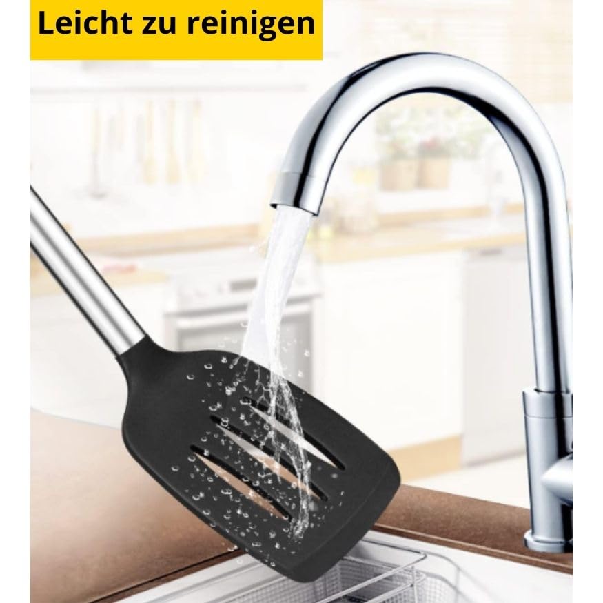 TINA&CO 15-teiliges Silikon-Kochgeschirr-Set mit Edelstahl-Griff, hitzebeständig, antihaftbeschichtet, große Pfannenwender, spülmaschinenfest (rot)