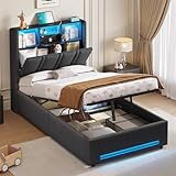 DICTAC Lit Coffre 90x190 Entièrement Rembourré 90x190 Gris avec Rangement – Sommier Relevable à Vérin, Tête de lit LED & Prises USB/Type C – pour Enfant, Ado, Adulte