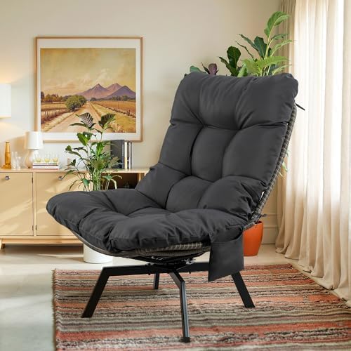Oversized Swivel Wicker Chair - PE Rattan Outdoor Lounge Chair with Cushion for Patio, Balcony, Backyard, Garden, Living Room - Stylish Black Design