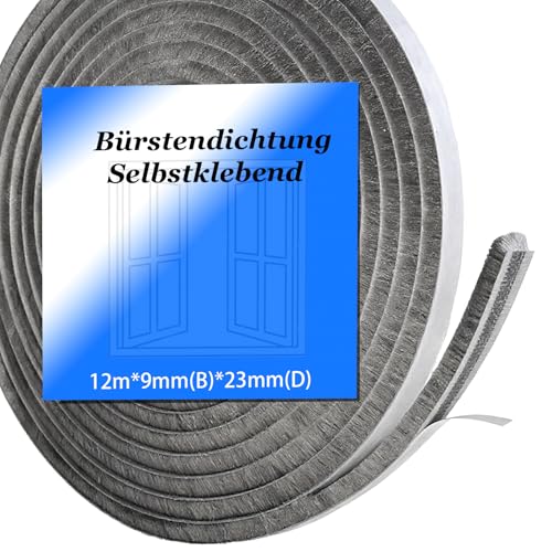 12M Bürstendichtung Selbstklebend 9 mm(B) x 23mm(D) Bürstendichtung für Rolladen Fenster Tür Schiebetür Insektenschutz Kleiderschränk Türbürstendichtung
