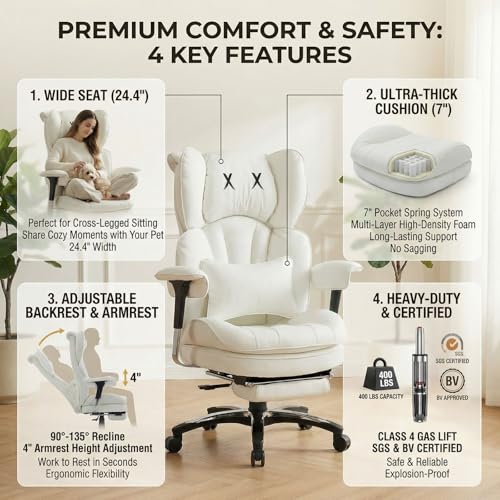 Image of Efomao Big & Tall Desk Chair, Wide Executive Office Chair with Footrest White-L