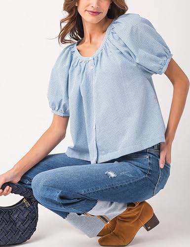 Tanming Womens Summer Plaid Button Down Shirts Short Puff Sleeve Cotton Crew Neck Gingham Blouses Tops2