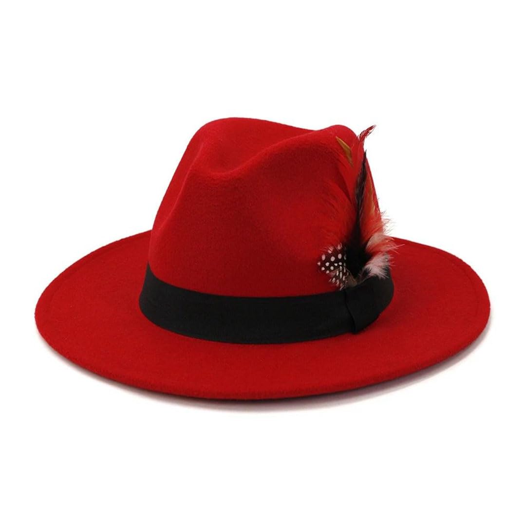 Kobiety mężczyźni szerokie rondo wełniany filc Fedora Panama kapelusz z piórami Jazz Trilby Cap Party Church Formalny Top Hat