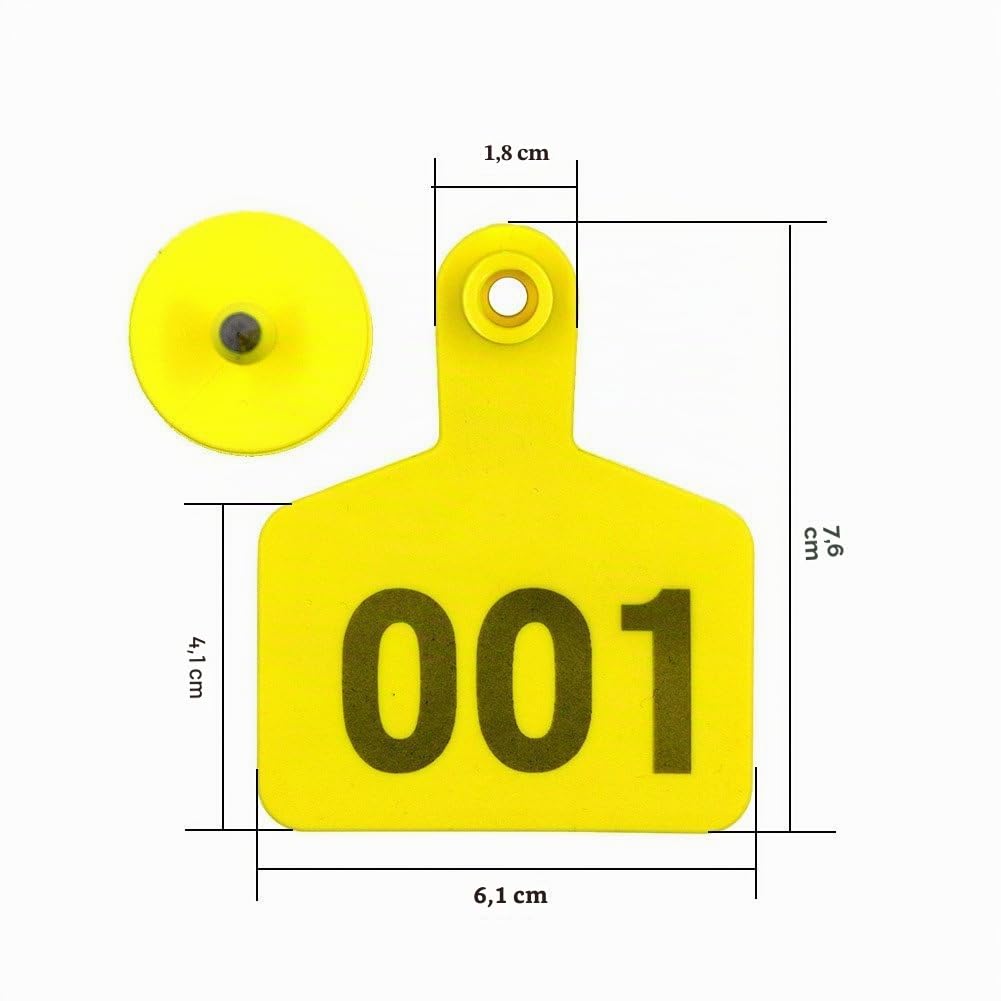 Marques Auriculaires d'Identification Animale en Plastique, Grand Format Numérotées 001 à 100, Étiquettes Auriculaires pour Moutons, Bovins, Veaux et Porcs, Couleur Jaune