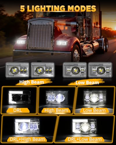 Image of Auxbeam 4X6 Headlights 4PCS with DRL Hi /Lo Beam Dot Approved Replacement H4651 H4652 H4656 H4666 H6545 Headlight Compatible with Kenworth T400 T600 T800 Freightliner Peterbilt Ford Chevy, Chrome