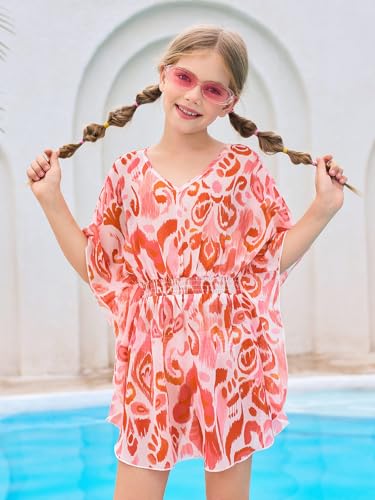 Image of Haloumoning Girls Chiffon Swim Beach Cover Up Kids Cute Elastic Waist Printed Bathing Suit Coverups 5-14 Years