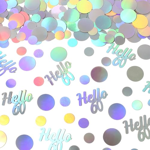 Image of Hello 60 Birthday Confetti for Table Iridescent 60th Birthday Party Decorations for Women Sixty Years Old Happy Birthday Tables Scatter Circle Dots Party Confetti Anniversary Decor 300PC