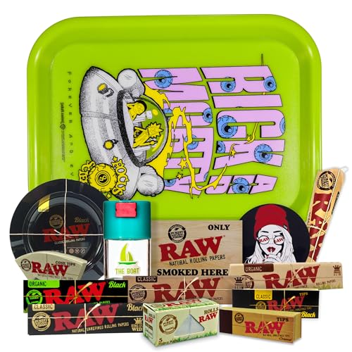 Regalo para fumadores Bandeja para liar oficial Rick y Morty 25 x 19cm + Cenicero RAW + Bote Antiolor THE BOAT + Papel Raw Organic, Black y Clasic King Size + Tips + Cono + Pegatinas
