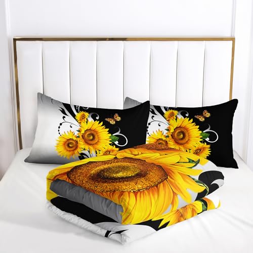 Image of AILONEN Black and White Floral Comforter Set Queen Size, Yellow Sunflower Bedding Set for Girls Kids Women,Soft Lightweight Microfiber Duvet Set 3 Piece All Season,1 Comforter with 2 Pillowcases
