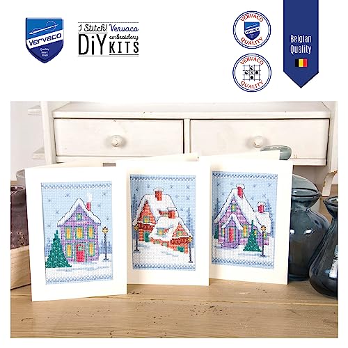 Image of Vervaco Counted Cross Stitch kit Greeting Cards Christmas Gnomes in The Snow Set of 3, 10,5x15cm, DIY