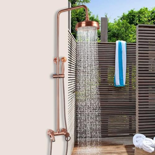 KECTIAKL Antique Copper Exposed Shower System 8 Inch Rainfall Shower Head 3 Functions Wall Mounted Outdoor Shower Fixtures Bathroom Shower Kit Antique Brass Shower Faucet Set