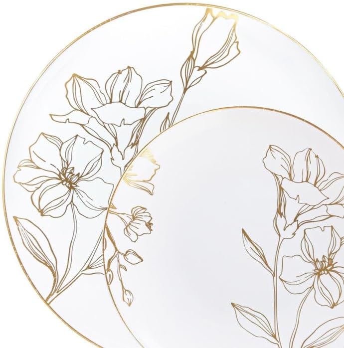 Nicole Faniti 7.5 Inches White with Gold Antique Floral Disposable Plastic Plates For Thanksgiving - Perfect For Weddings & All Celebration : 60 Count