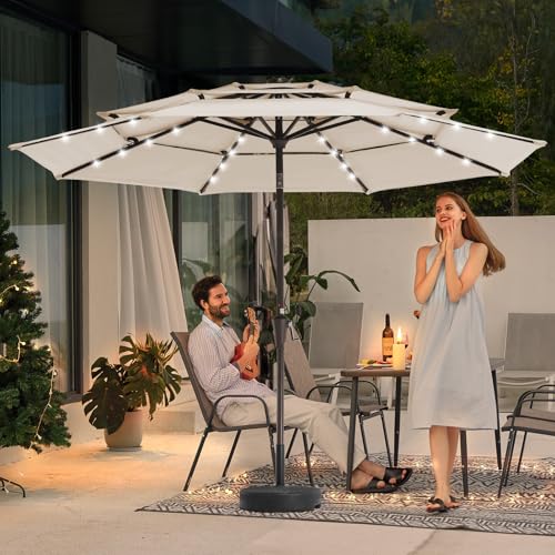 Image of JEAREY 3 Tiers Patio Umbrella with Solar Lights 9ft Outdoor Market Table Umbrellas with Push Button Tilt for Outside Pool Garden, Tan