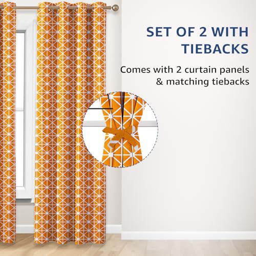 Image of Amazon Basics - Geometric Print Light Filtering Curtains | 100% Cotton 150 TC | Set of 2 | 5 Feet | 115 x 150 cm | Orange | Eyelets & Tiebacks | Ideal for Bedroom and Living Room