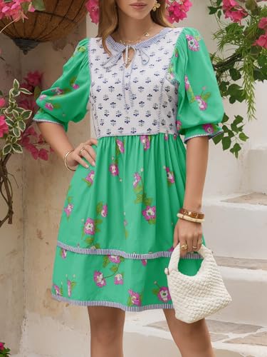 Image of Wenrine Womens Casual Floral Mini Dress Summer Patchwork Boho Shirt Dresses