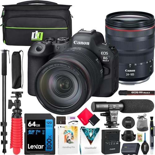 Canon EOS R6 Mark II Full Frame Mirrorless Camera Body with RF 24-105mm F4 L is USM Lens 5666C011 Bundle with Deco Gear Photography Bag + Microphone + Monopod + Software & Accessories Kit