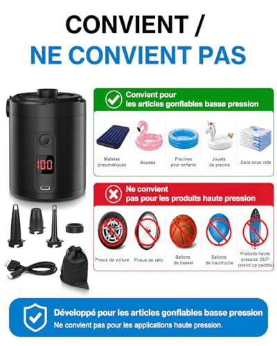 Gonfleur Matelas Gonflable Pompe à Air Électrique Rechargeable 5200 mAh – vue 5