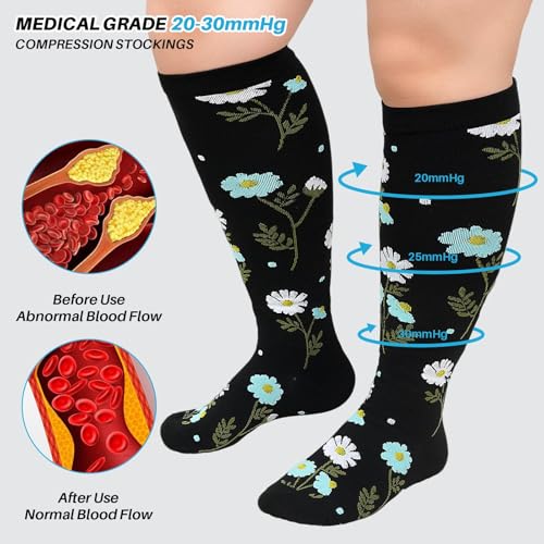 Image of Plus Size Compression Socks 20-30mmHg Wide Calf for Men Women, Extra Large Compression Stockings Support for Running, Travel, Nurses, Pregnancy (3 Pairs)