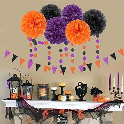 Image of Black Purple Orange Halloween Party-Decorations - 23pcs Tissue Pom Poms Streamers,Tassel Garland Banner,Graduation 2026 Birthday Wedding Baby Bridal Shower Decor Bunting Lasting Surprise