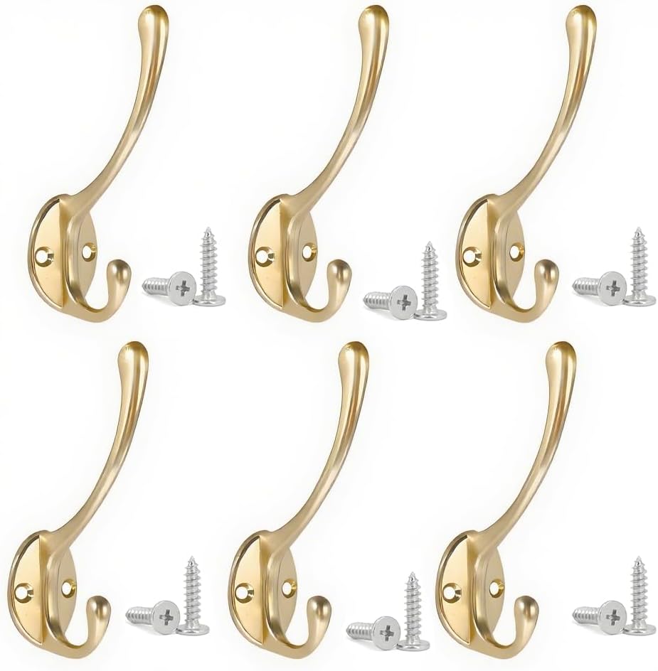 6-pieces Solid Brass Wall Hooks - Antique Gold Coat & Towel Hooks Decorative Towel Hooks Heavy Duty Wall Mounted,Rust-Proof Bathroom/Kitchen/Bedroom Organizer for Hanging Robe, Bag, Key & Towel