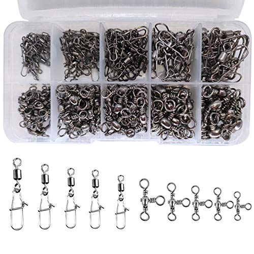 LAIBOREC Fishing Rolling Barrel Swivel Snap, 3 Way Ball Bearing Swivels T-Turn Cross-line Connector, 200PCS Stainless Steel Fishing Tackle Accessories Kit for Lure Rigs Saltwater Freshwater Drifting