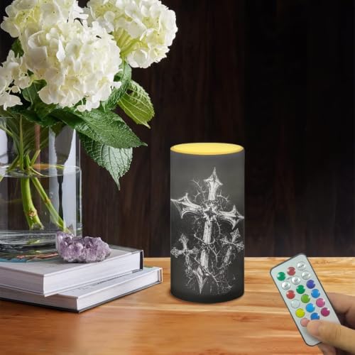 Image of Poceacles LED Flameless Candles Battery Operated Candles with Remote Control Timer Flickering Wick Pillar Tealight for Home Outdoor Decor, Cross Thorns Print Black